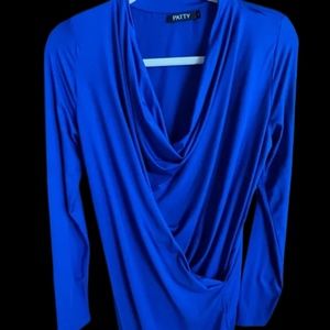 PattyBoutik Cowl Neck Long Sleeve Faux Wrap Pullover Stretch Tunic Blouse